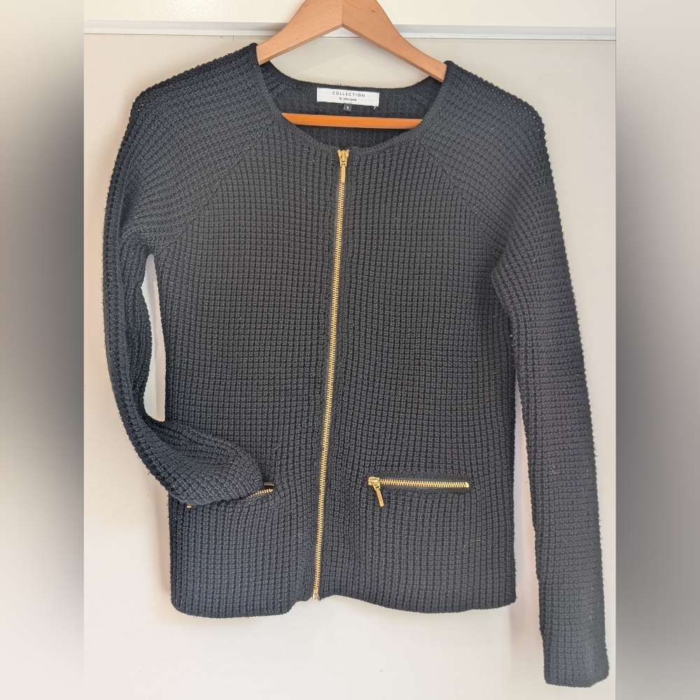 Women's Bllack Zippered Cardigan Sweater By John Lewis Sz-S